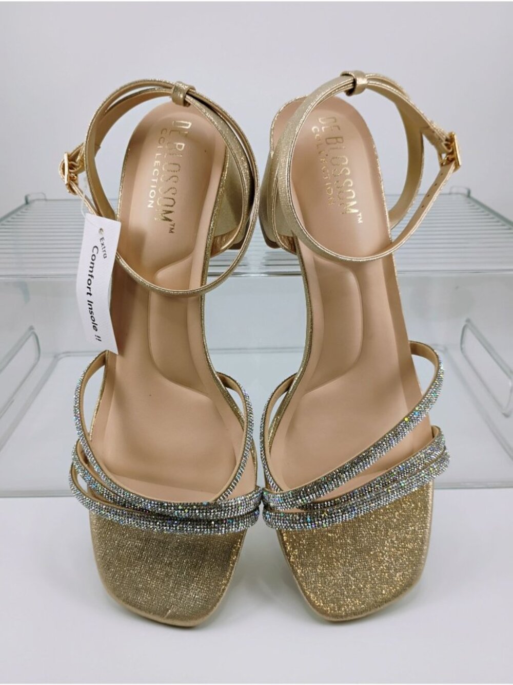 De Blossom Gold Rhinestone Block Heel Sandals Size 10 Elegant